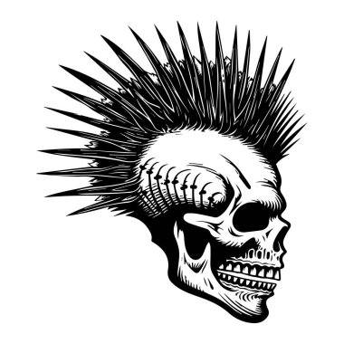 This striking illustration depicts a punk skull with elaborate spiked hair, perfect for creative projects, merchandise, and alternative fashion themes. 