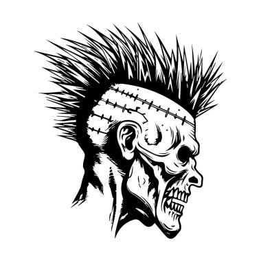 This striking punk skull design features prominent spiked hair and detailed stitched elements, suitable for art projects, fashion, and graphic design.