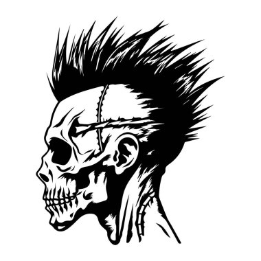 Intricate black and white skull design showcases a striking mohawk hairstyle, ideal for creative artwork, tattoos, and edgy illustrations.