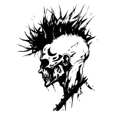 A striking black and white illustration of a skull featuring a mohawk hairstyle embodies punk rock culture and rebellious spirit. Perfect for edgy designs.