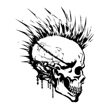 This striking illustration features a punk skull intricately designed with spikes, capturing edgy aesthetics ideal for creative projects and graphic art.