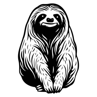 This charming black and white illustration features a happy sloth sitting comfortably, showcasing its cute and playful character perfect for art lovers.