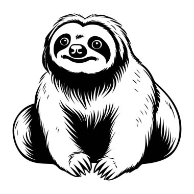 This delightful illustration features a sloth sitting comfortably with a cheerful expression. The black and white style enhances its playful charm, making it a perfect design for nature lovers and animal enthusiasts.