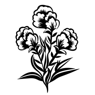 This elegant black and white illustration showcases three stylized flowers surrounded by leaves, perfect for various artistic and decorative uses.