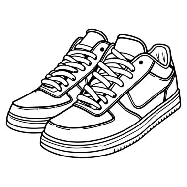 A detailed black and white illustration of a pair of athletic shoes with laces. Ideal for projects focused on sports, fashion, or minimalist art.