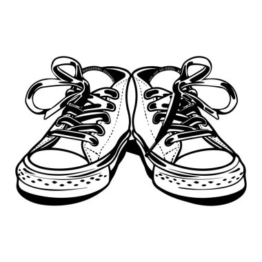 This detailed illustration features classic sneakers with laces tied in bows, blending a fun style with an artistic monochrome design ideal for various creative uses.