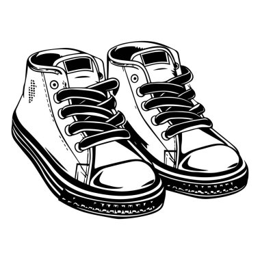 This black and white illustration showcases a classic pair of high-top sneakers. Perfect for fashion-related projects and designs.