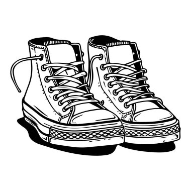 This artistic illustration features classic high-top sneakers with laces in a striking black and white outline style, perfect for creative projects.