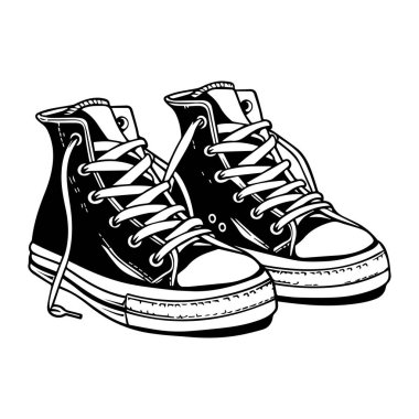 A detailed black and white illustration of classic high-top sneakers showcases their iconic design. Ideal for creative, fashion, and graphic projects.