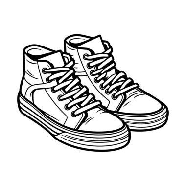 A detailed black and white sketch of classic high-top sneakers with laces, perfect for fashion-themed projects and creative designs.