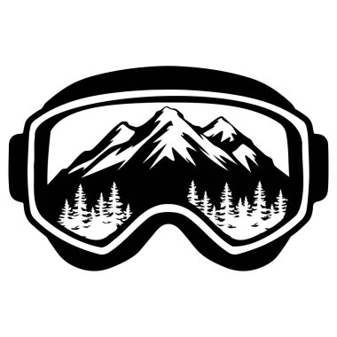 Explore an artistic representation of snow goggles featuring stunning mountain peaks and a serene evergreen forest in a sleek black and white design.