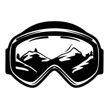 A striking black and white illustration of ski goggles featuring a mountain reflection in the lenses, ideal for winter sports themes and design projects.