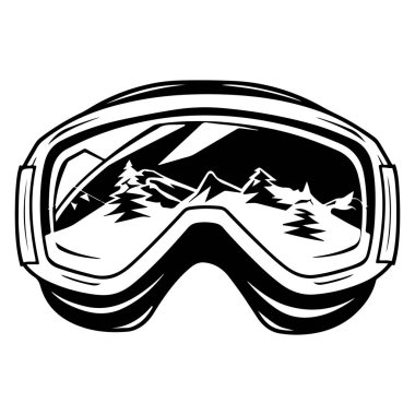 A striking black and white illustration of ski goggles that showcases a picturesque snowy mountain landscape and trees in the reflection. Perfect for winter sports enthusiasts.