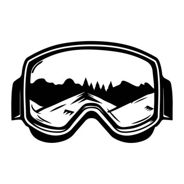 This illustration features a pair of snow goggles with a picturesque mountain reflection, perfect for capturing the essence of winter adventure and sports.