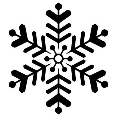 This black snowflake icon features intricate patterns, ideal for winter themes, seasonal decorations, and minimalist graphic designs.