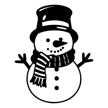 A charming black and white illustration of a friendly snowman wearing a scarf and hat. Perfect for winter themes and holiday celebrations.
