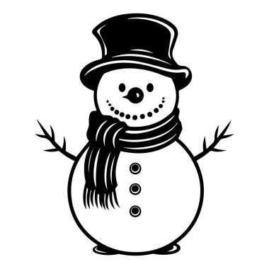 A delightful snowman with a black hat, scarf, and cheerful smile, ideal for winter themes, holiday decorations, and festive greetings.