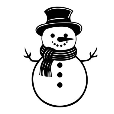This black and white illustration features a charming snowman adorned with a top hat and scarf, ideal for winter-themed projects or decorations.