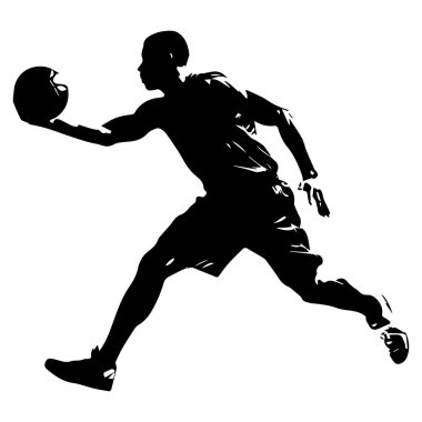 A dynamic silhouette of a basketball player in mid-action, capturing the essence of sport and athleticism. Perfect for sports-related themes.
