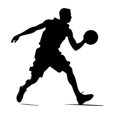 Captivating silhouette of an athlete in mid-action running with a basketball, representing motion and energy in sports and fitness activities.