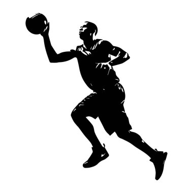 A striking silhouette captures a male basketball player leaping for a jump shot. Ideal for sports-themed projects, promoting energy and movement in athletics.