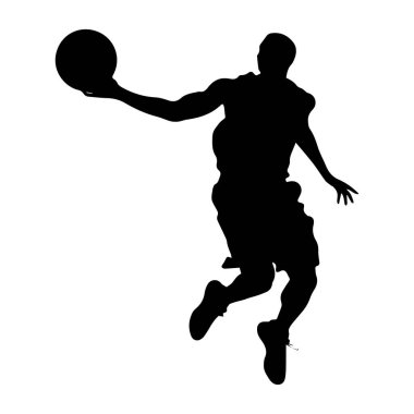 This striking silhouette captures the essence of a basketball player in action, highlighting strength and grace during a competitive game scene.