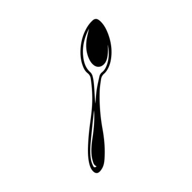 A simple black silhouette of a spoon stands out against a white background, ideal for culinary projects and kitchenware designs.