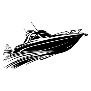 This striking black and white illustration showcases a speeding motorboat expertly cutting through ocean waves, capturing the thrill of marine adventure.