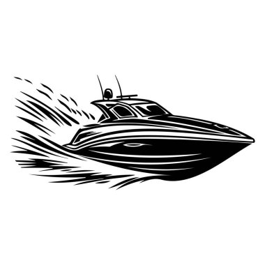 This dynamic black and white illustration captures a stylish high-speed boat racing through waves, showcasing sleek design and thrilling motion.