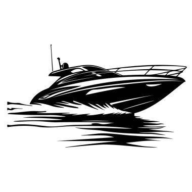 A captivating black and white illustration of a motorboat gliding across the water, embodying elegance and speed in design. Perfect for marine themes.