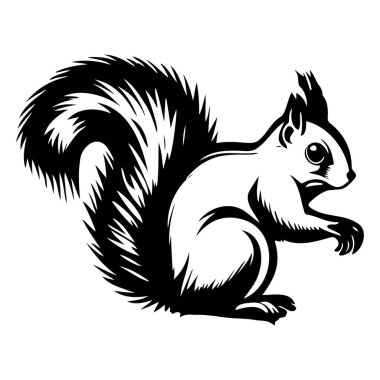 A charming black and white illustration of a squirrel in a cute sitting pose, showcasing its bushy tail and lively character. Perfect for animal lovers.