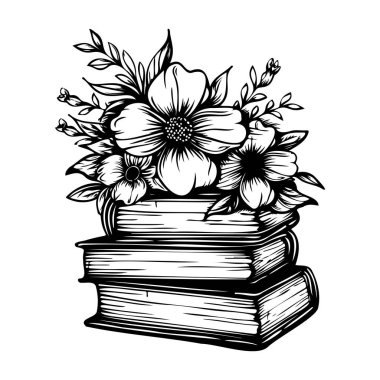 A detailed vintage illustration featuring a stack of books decorated with an elegant arrangement of flowers. Perfect for art, decor, and literature themes.