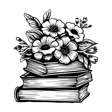 This vintage black and white illustration features a stack of books interwoven with a beautiful floral arrangement, perfect for artistic projects.