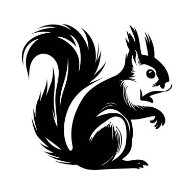 This is a black and white artistic illustration of a squirrel, showcasing its fur and pose. Ideal for nature themes, wildlife projects, or artistic endeavors.