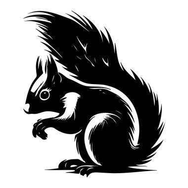 This black and white silhouette illustrates a charming squirrel in a classic pose, showcasing its fluffy tail and adorable features against a minimalist backdrop.