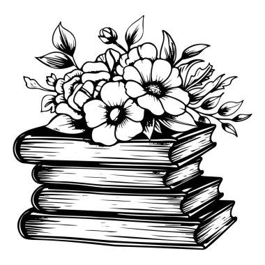 A beautiful vintage illustration featuring a stack of books adorned with a variety of flowers, perfect for themes of literature and nature.