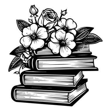This elegant illustration showcases stacked books embellished with stunning flowers, capturing the harmony between knowledge and nature. Perfect for themes of education and beauty.