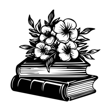 This black and white illustration features a stack of books adorned with beautiful flowers, perfect for literature lovers and floral art enthusiasts.