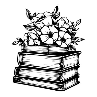 A unique black and white sketch of a stack of vintage books crowned with beautiful flowers, ideal for creative and literary inspirations.