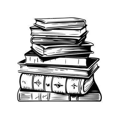 A beautifully detailed illustration of a stacked collection of vintage books, perfect for themes of education, knowledge, and literature in design projects.