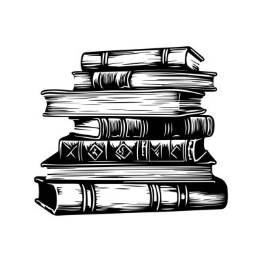This vintage-inspired illustration features a detailed stack of old books, perfect for themes of education, literature, and nostalgia in creative projects.