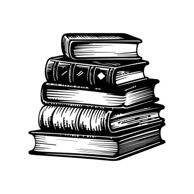 This vintage illustration features a stack of books, showcasing intricate details, ideal for themes of literature, study, and education.
