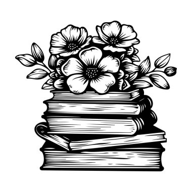 This vintage black and white illustration depicts a charming stack of books adorned with beautiful flowers, perfect for artistic designs and decorations.