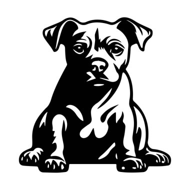 This black and white illustration showcases a loyal dog sitting with a serious expression, offering a cute and approachable design for pet lovers.