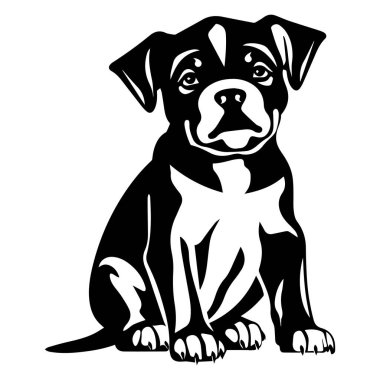 This black and white illustration captures the charm of a sitting puppy with bright eyes, perfect for pet-themed art or decoration.