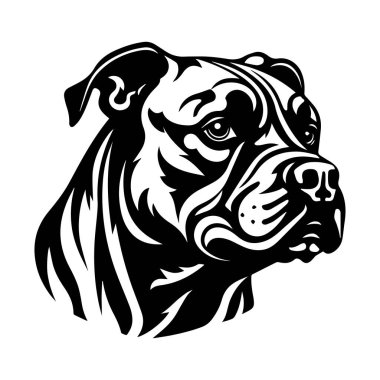 This striking black and white illustration showcases a strong dog head, emphasizing its intense expression and unique features, perfect for art projects.
