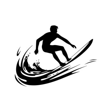 Dynamic silhouette of a male surfer riding a wave on a surfboard, capturing the essence of adventure and excitement in water sports.