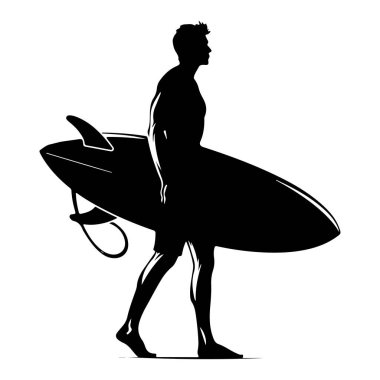 This striking silhouette image features a confident male surfer carrying a surfboard, poised for an exhilarating adventure at sunset. Perfect for summer themes.