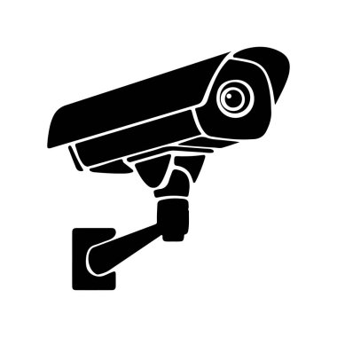 A striking black and white silhouette illustration of a security camera mounted on a wall, symbolizing surveillance and safety monitoring.