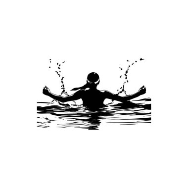 This minimalist black and white illustration depicts a swimmer emerging from water, capturing dynamic movement and splashes, conveying freedom and joy.
